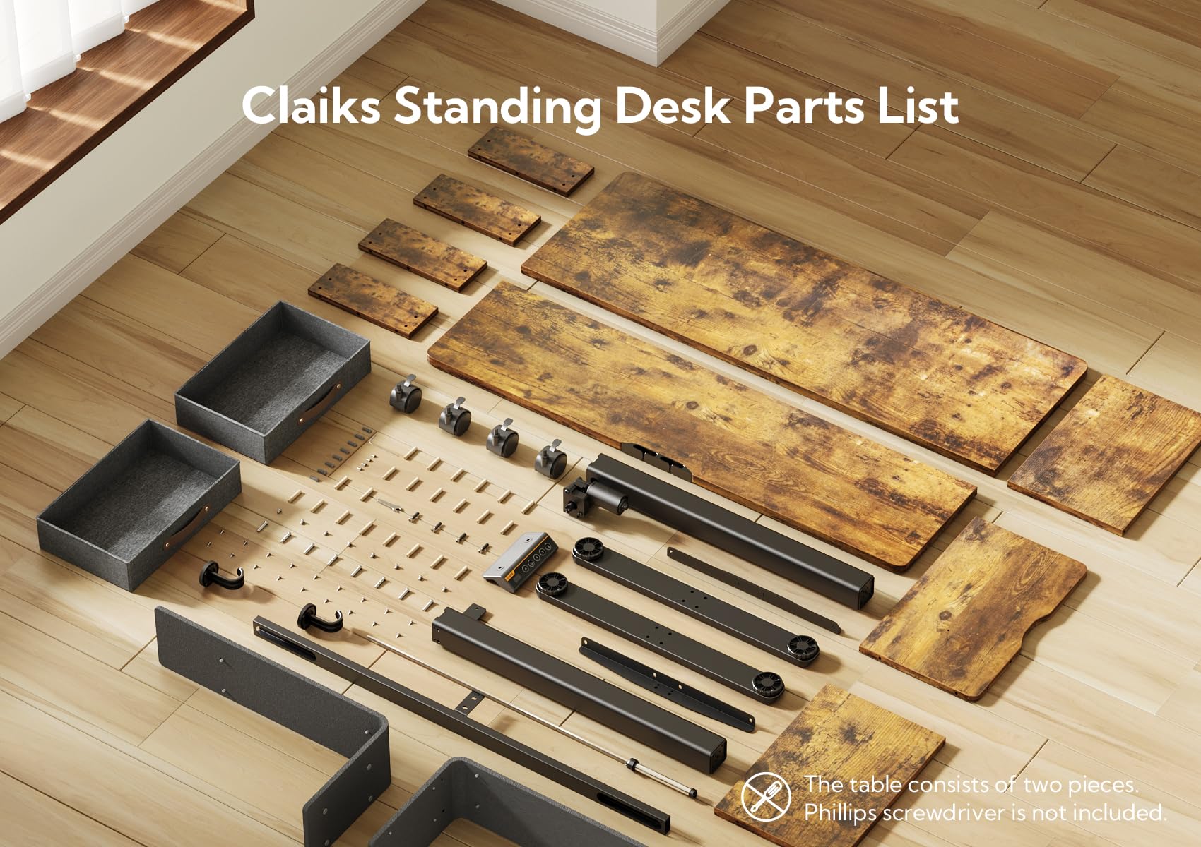 Claiks Electric Standing Desk with Drawers, 120x60cm Height Adjustable Desk with Storage Shelf and Splice Board, Stand Up Desk for Home Office, White Frame/Maple Top