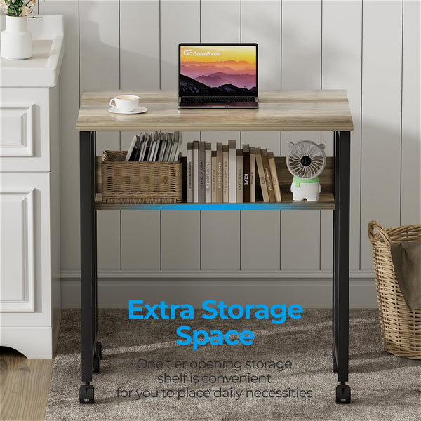GreenForest Small Folding Desk with Storage Shelf,63 cm Computer Rolling Desk on Wheels Easy Assembly,Foldable desk for Small Space,Grey Wash