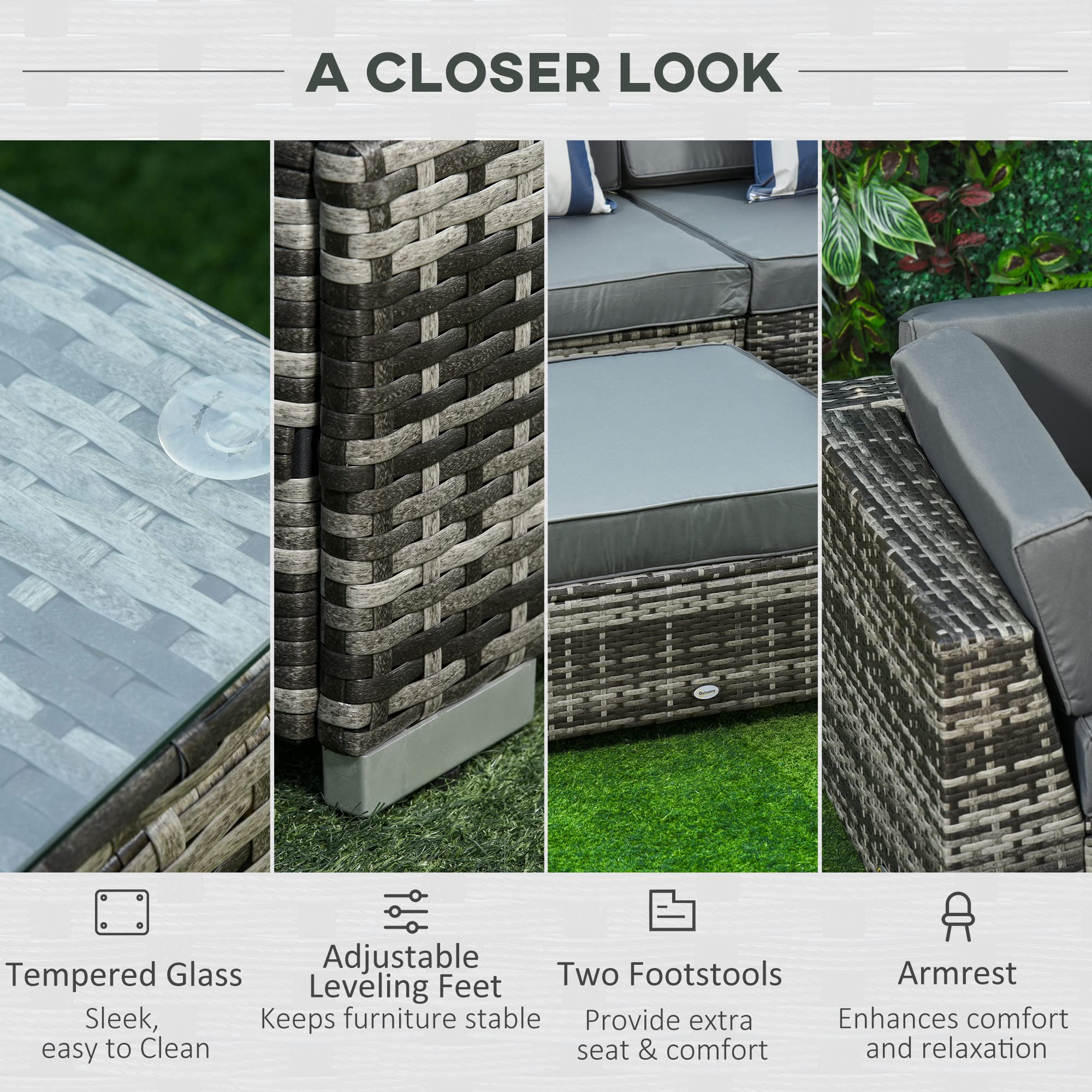 Outsunny 6 Pieces Rattan Garden Furniture Set, 5 Seater Garden Sofa Set with Thickened Cushions, Glass Top Coffee Table and Ottomans, Outdoor Sectional Conservatory Furniture with Pillows, Grey