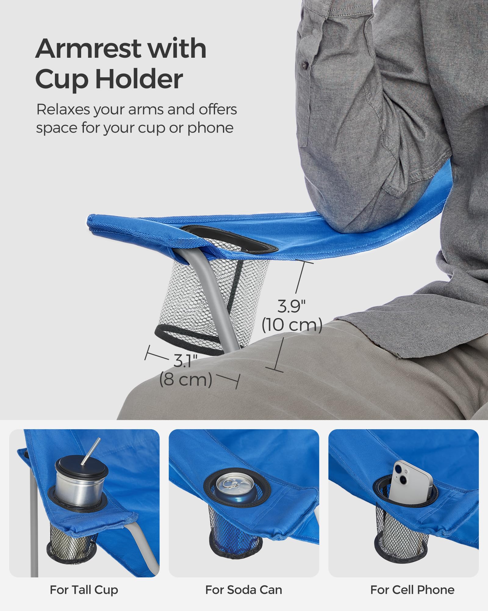 SONGMICS Set of 2 Folding Chairs, Camping Chairs, Comfortable Heavy Duty Structure, Max. Load 150 kg, with Drink Holder, Outdoor Chair