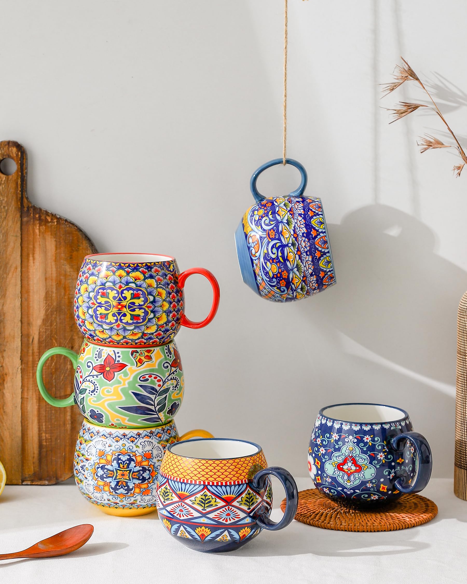 HENXFEN LEAD Cappuccino Cups Set, 600ml Porcelain Coffee Cups with Handle, 6 Pack of Porcelain Cups for Tea Coffee Milk Cappuccino with Pattern and