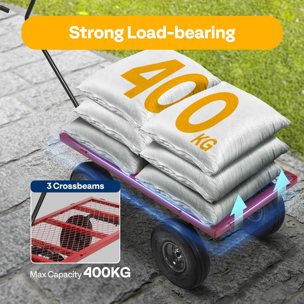 VIVOHOME Hand Trolley 400kg Capacity Durable Transport Cart with 10cm Pneumatic Tires and 180° Rotatable 80cm Handle Heavy Duty Metal Grids for Garden and Camping