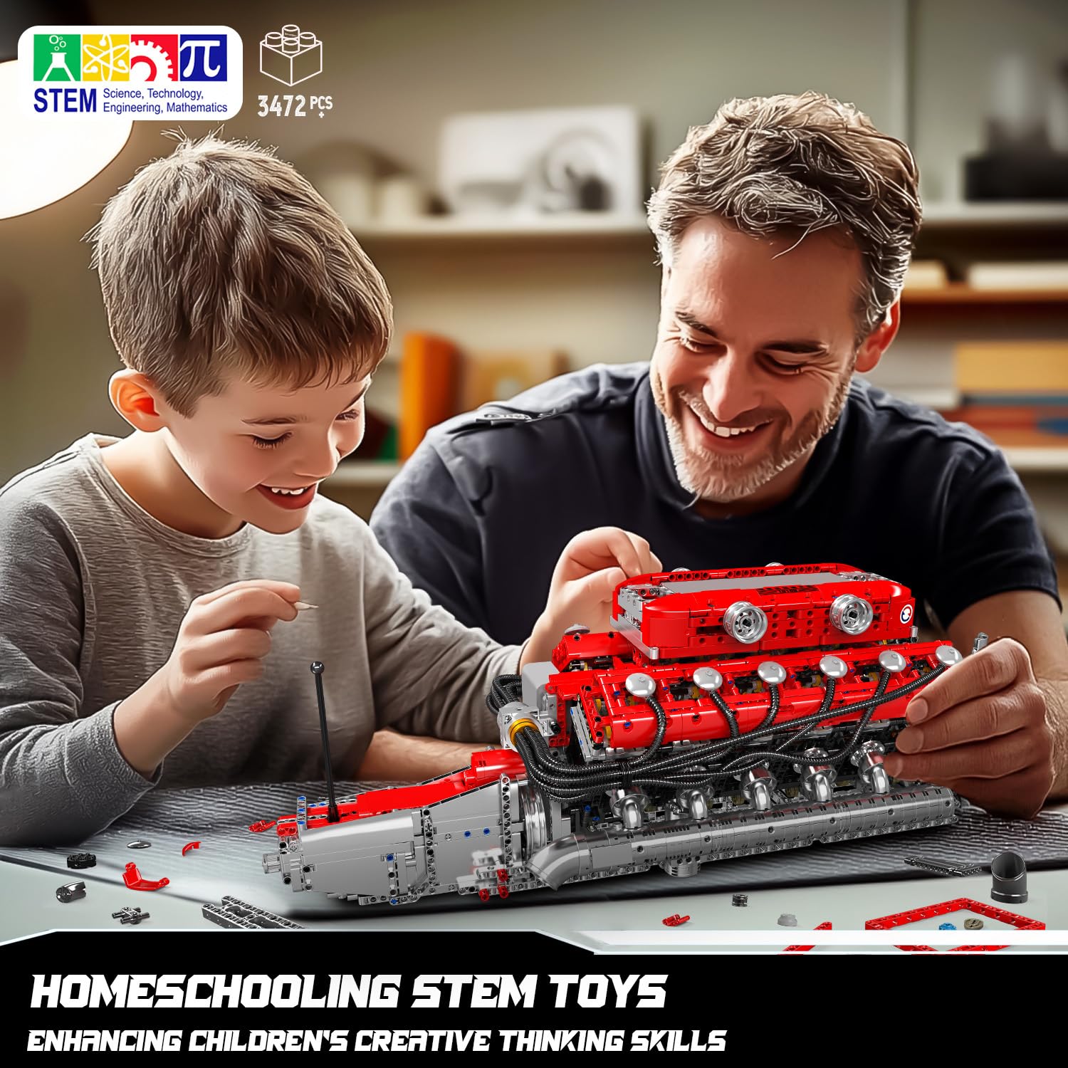Mould King V12 Engine Building Block Sets, V12 Engine Model Kit That Runs, MOC Engineering Model Building Kit with Battery and Motor, Engineering Building Blocks for Adults (3472 PCS)
