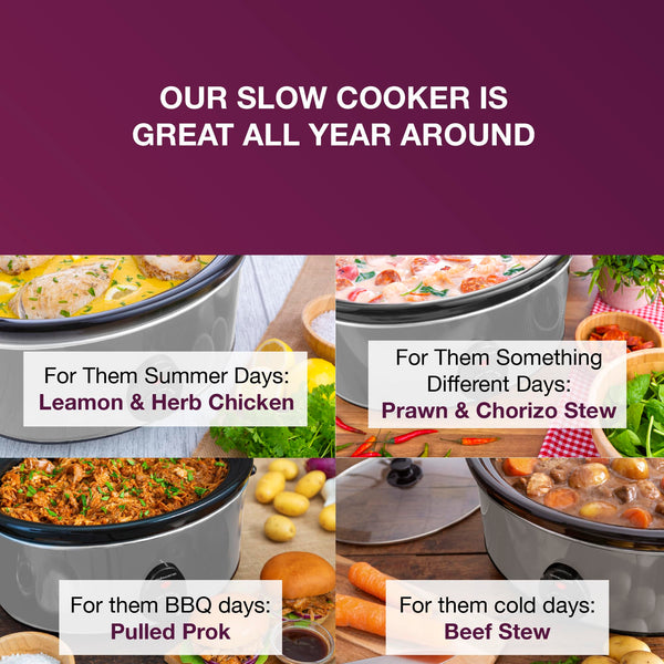 Andrew James 6.5L Slow Cooker with Removeable Easy Clean Ceramic Bowl, 3 Temperature Settings, Energy Efficient Large Slow Cooker with Tempered Glass Lid, Cool Touch Handles & Non-Slip Feet (Grey)