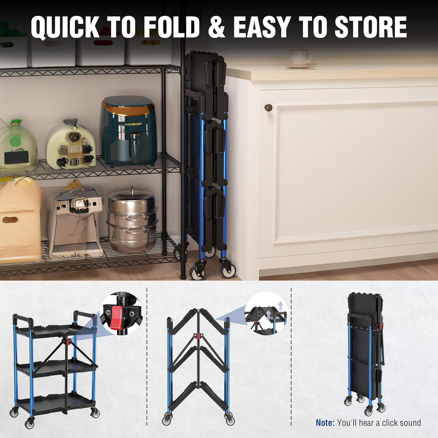 WORKPRO 3-Tier Collapsible Service Cart with Wheels, 31.8 kg Capacity & Ergonomic Handle - Folding Cart for Garage, Workshop, Home & Office