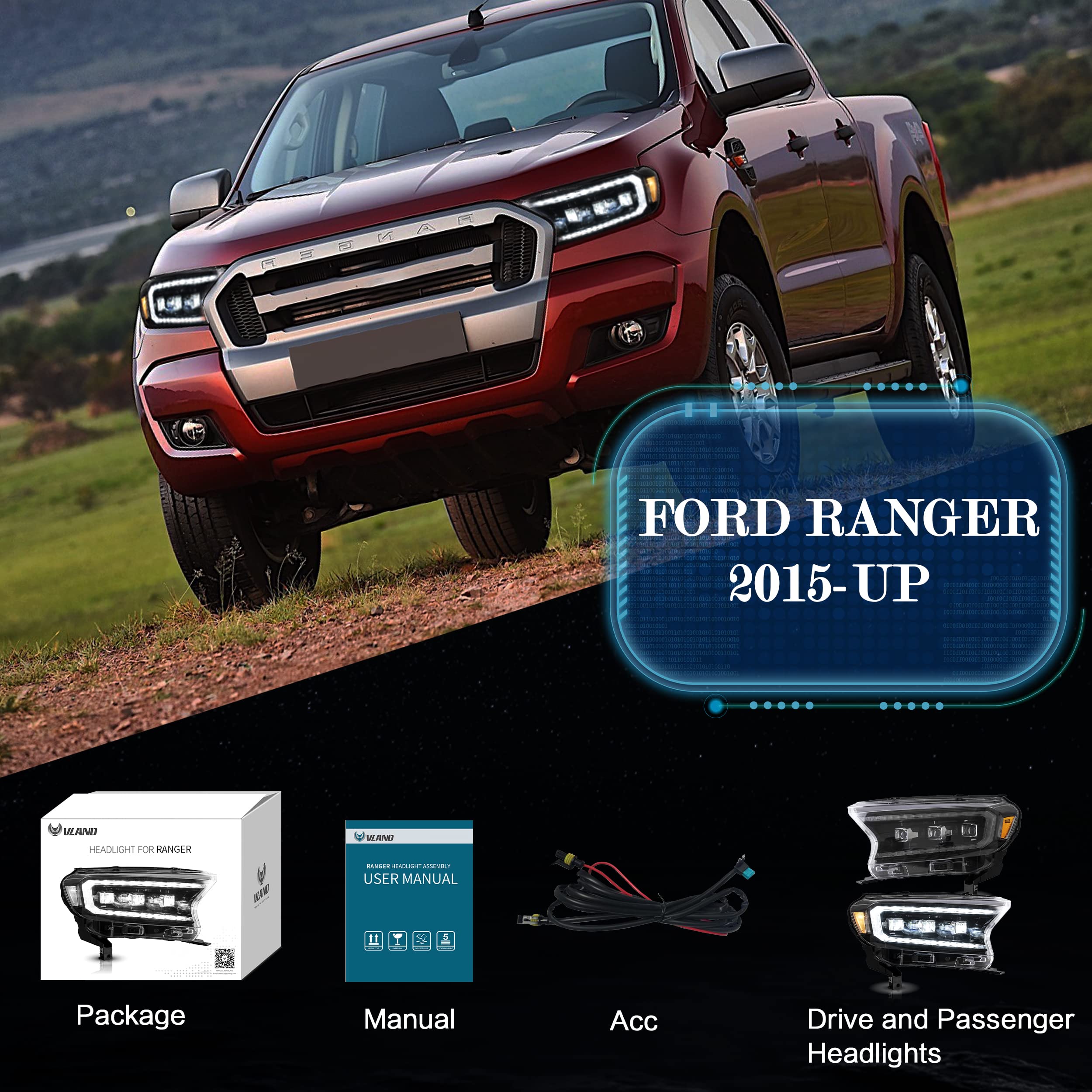 VLAND Headlight Suitable for Ranger T6 T7 T8 T8 XL XLT Wildtrak Raptor 2015-2020 with Sequential Daytime Running Light (LED Matrix, Yellow Reflector) LHD