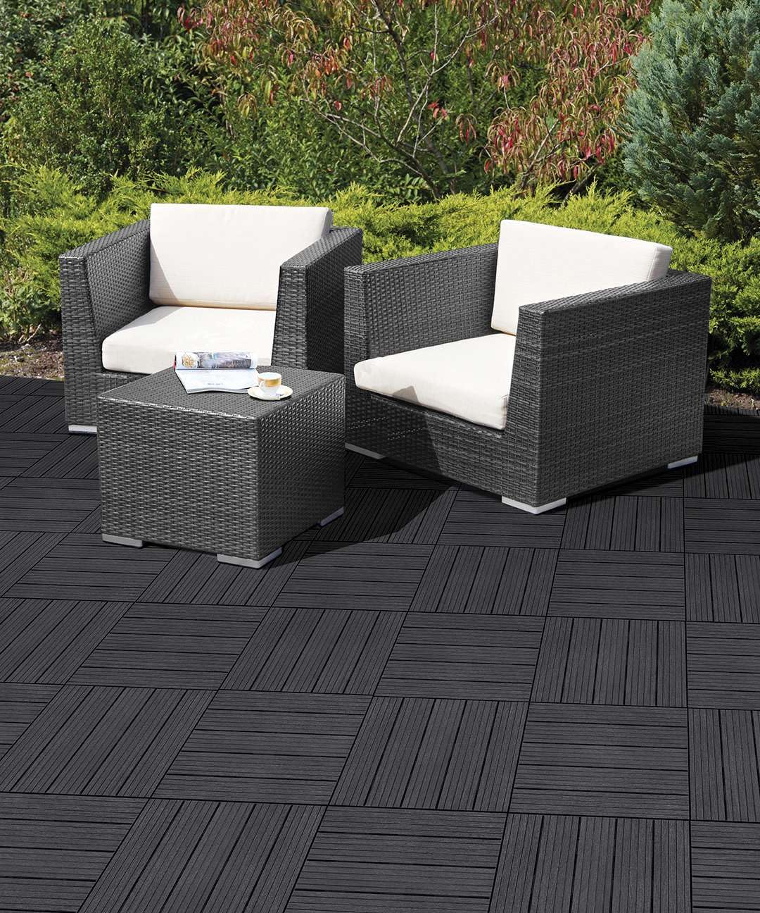 Nicoman Garden Decking Tiles Cosmopolitan Patio, Terrace, Hot Tub Deck Tiles | Interlocking Decking Tiles | Recycled | Cosmo Composite | Outdoor Drainage Deck Flooring (Graphite, 30 x 30cm, 10x)