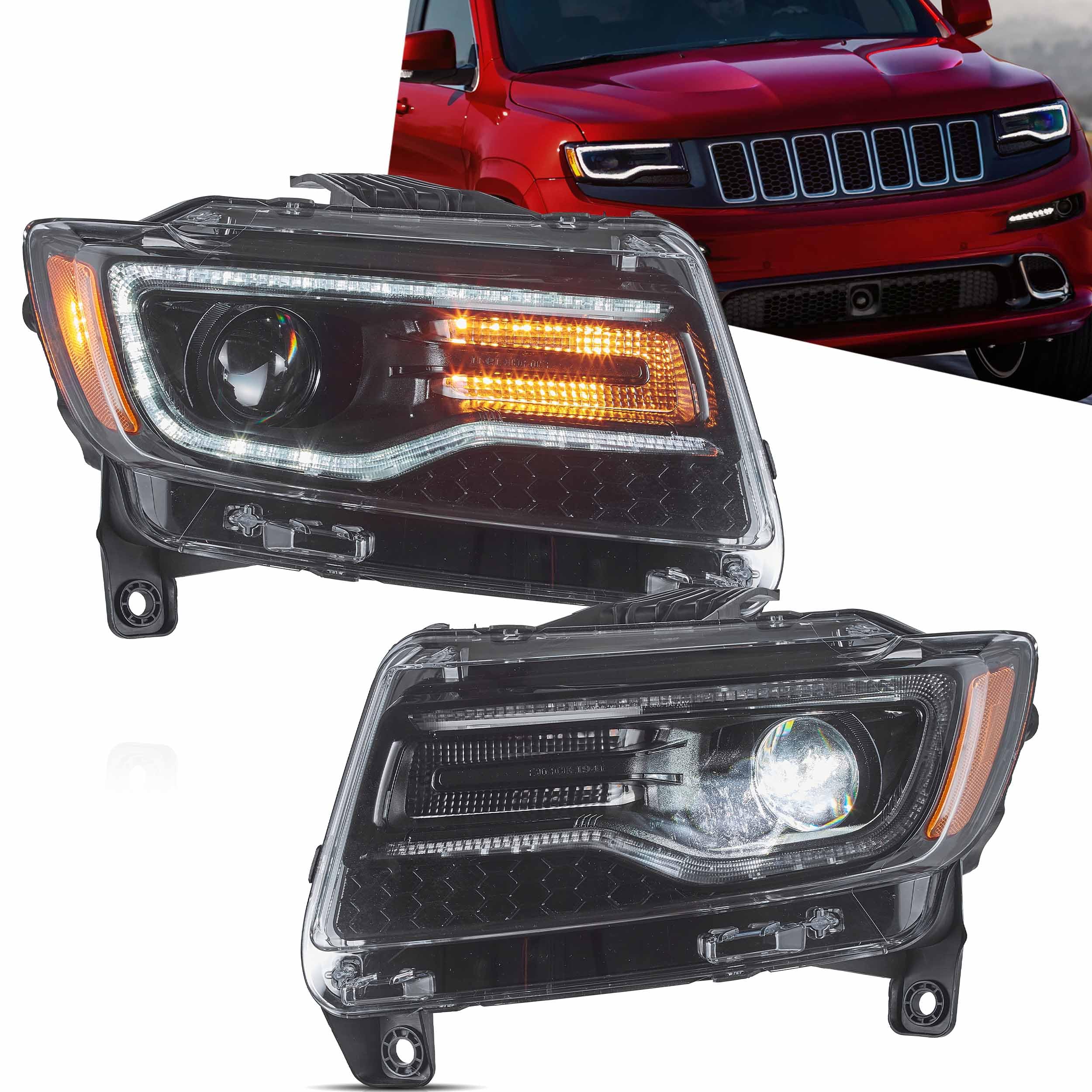 VLAND Headlights Compatible with Jeep Grand Cherokee 2014-2022, Front Light with Sequential Turn Signal and Blue Dynamic Startup DRL