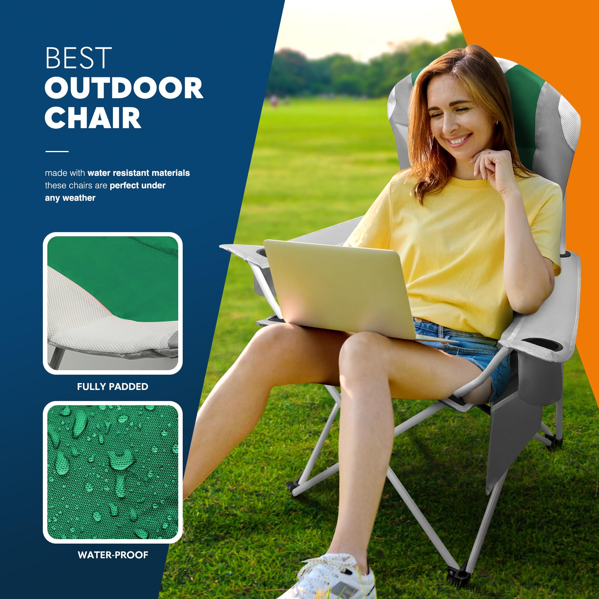 Voyager Folding Camping Chairs 2 Pack with Cooler Bag, Lightweight Q195 Steel Frame, 600D Oxford Fabric, Portable & Comfortable - Black (Black, Padded)