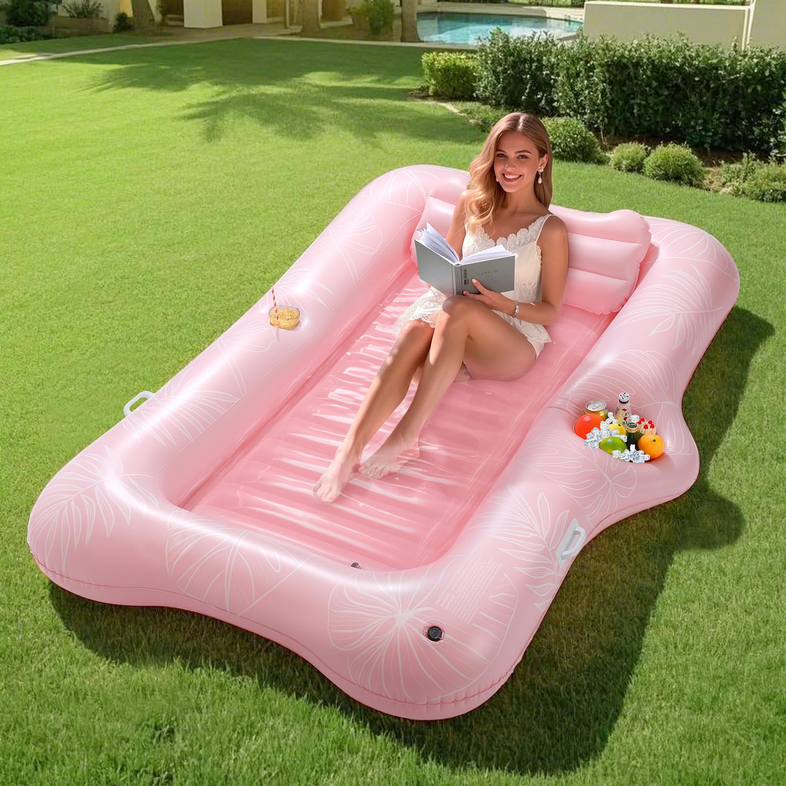 MoKo Pool Floats Adult, Floating Bed with Ice Bar, Tanning Bed Pool Raft Inflatable Lounger with Drink Holder Tanning Chair Inflatable Pool Toys for Party Beach Backyard