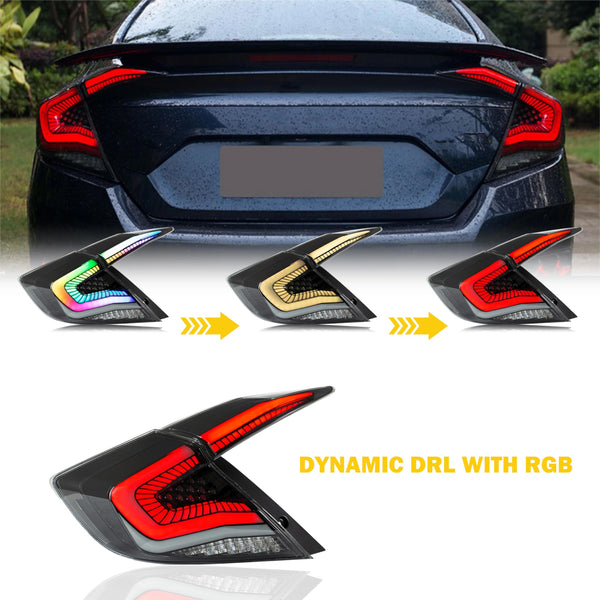 Archaic LED Rear Lights Compatible with 10th Honda Civic Type R Hatchback FK7 FK8 2016-2020, with Sequential Turn Signal, Animation DRL, Pair