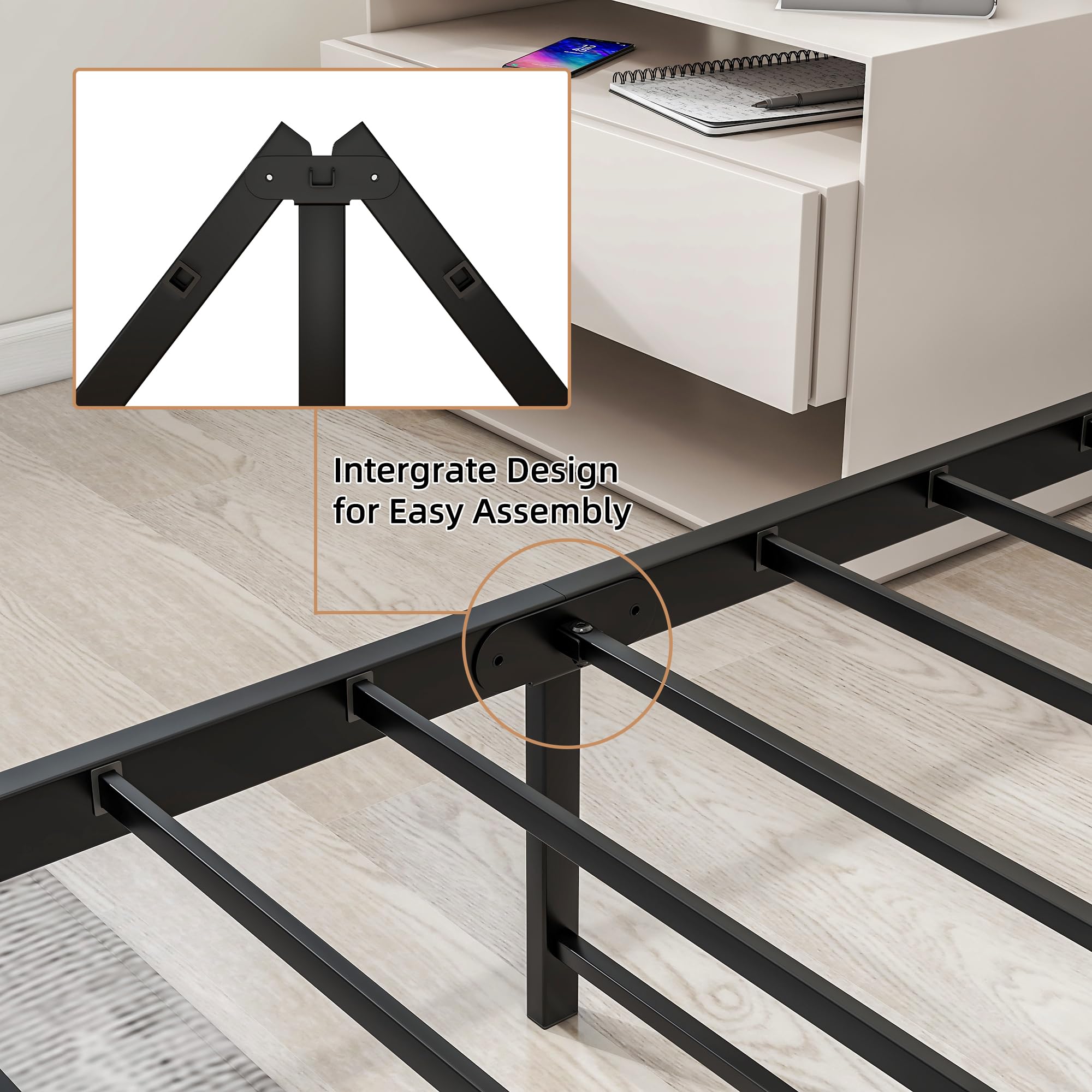 HOJINLINERO Double Bed Frame with Wooden Headboard,Heavy Duty Metal Platform Bed Frame Double Bed No Box Spring Needed,Mattress Base,Metal Slats