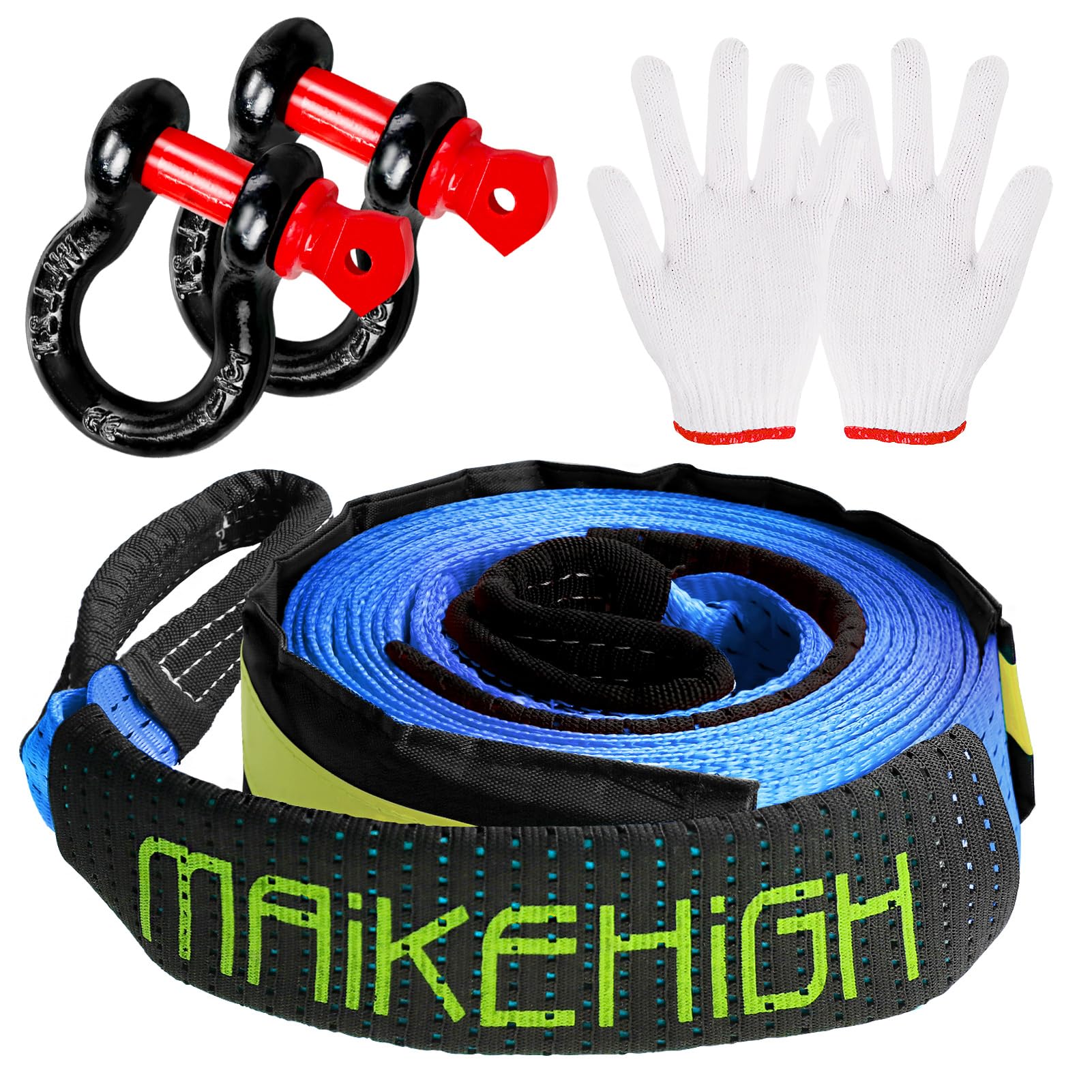 MAIKEHIGH Towing Rope 15 Ton (33,700 Lbs), 6M x 7.6cm Off-Road Recovery Tow Strap with 2 Gloves for Car, Truck, SUV, Snow (Green)