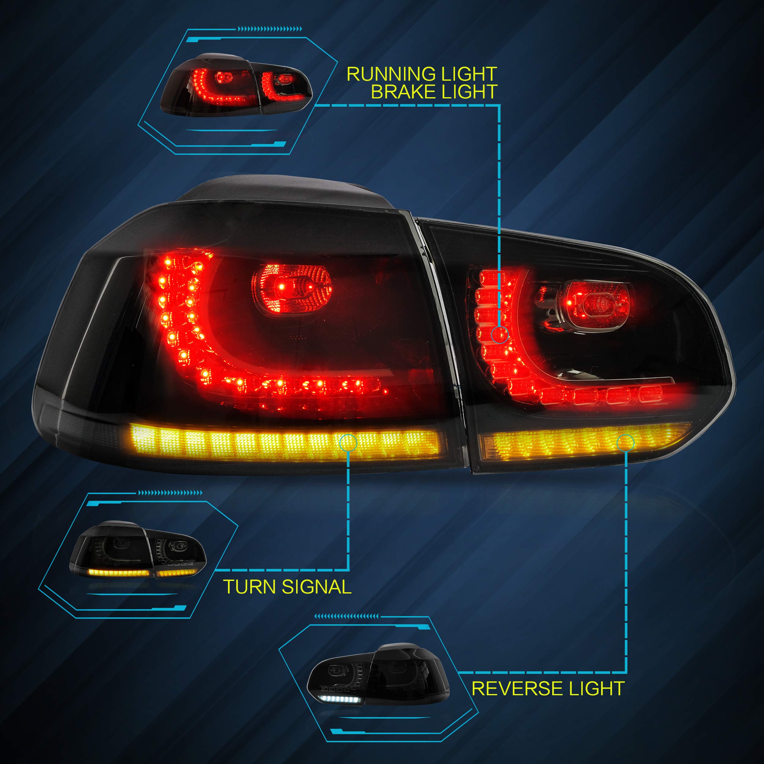 VLAND LED Tail Lights Fit for 2008-2013 Volkswagen Golf 6 MK6 TSI TDI GTD R(not for GTI/Variant/Cabriolet), Rear Lights with Sequential Turn Signal Indicators, E-mark, Red Smoked
