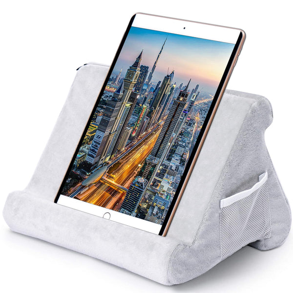 Soft Tablet Stand Pillow with Pocket,Tablet Cushion Stand,Adjustable 3 Viewing Angle,Lazy Holder Stand for Bed Sofa,Compatible with iPads Tablets eReaders Smartphones Books Magazines（Grey）…
