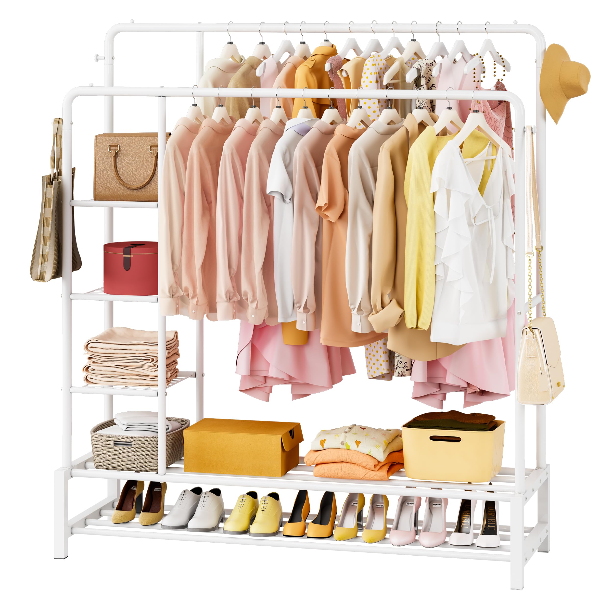 JOISCOPE Wide Clothes Rail, 66.9*47.2 inch Clothing Rack for Bedroom, Clothes Rack with 2 Hanging Rails, 4 Hooks, 4 Side Shelves, and Bottom Shelve,