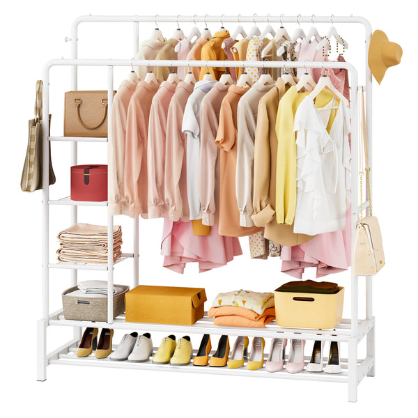 JOISCOPE Wide Clothes Rail, 66.9*47.2 inch Clothing Rack for Bedroom, Clothes Rack with 2 Hanging Rails, 4 Hooks, 4 Side Shelves, and Bottom Shelve,