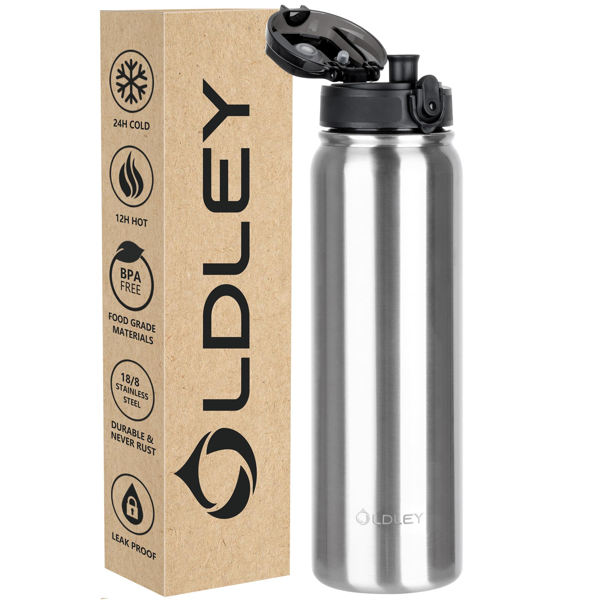 OLDLEY Stainless Steel Water Bottle with Straw 1L Vaccum Insulated Large Drink Flask Metal Water Bottles 1 Litre Leakproof Keep Drinks Hot Cold for Sports Gym with Different Lids(Purple Green, 3 Lids)