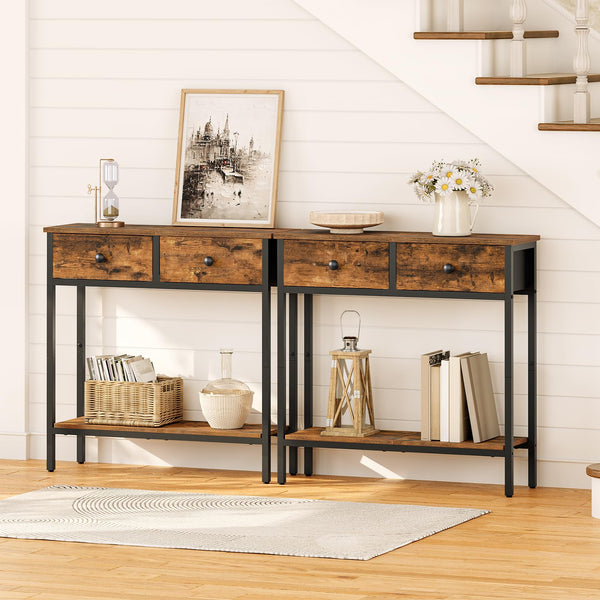 HOOBRO Slim Console Table, Narrow Console Table with 2 Non-woven Drawers, Hallway Table with Storage, Small Side Table for Small Spaces, Living Room,