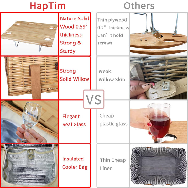 Hap Tim Wicker Picnic Basket for 2 with Mini Folding Wine Picnic Table & Large Insulated Cooler Bag & Cutlery Service Kits for 2 Person, Couples