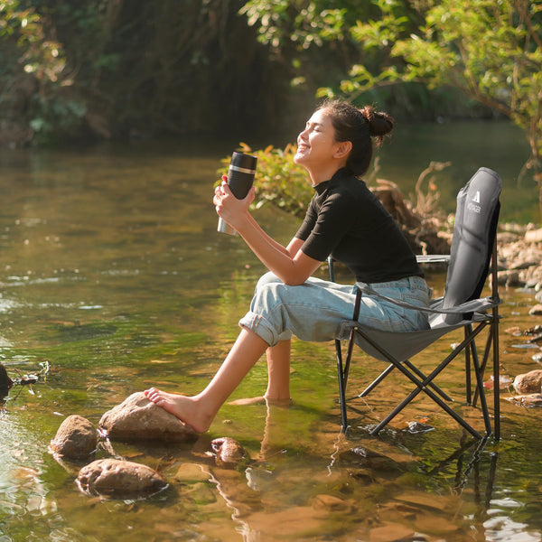 Voyager Folding Camping Chairs 2 Pack with Cooler Bag, Lightweight Q195 Steel Frame, 600D Oxford Fabric, Portable & Comfortable - Black (Black, Padded)