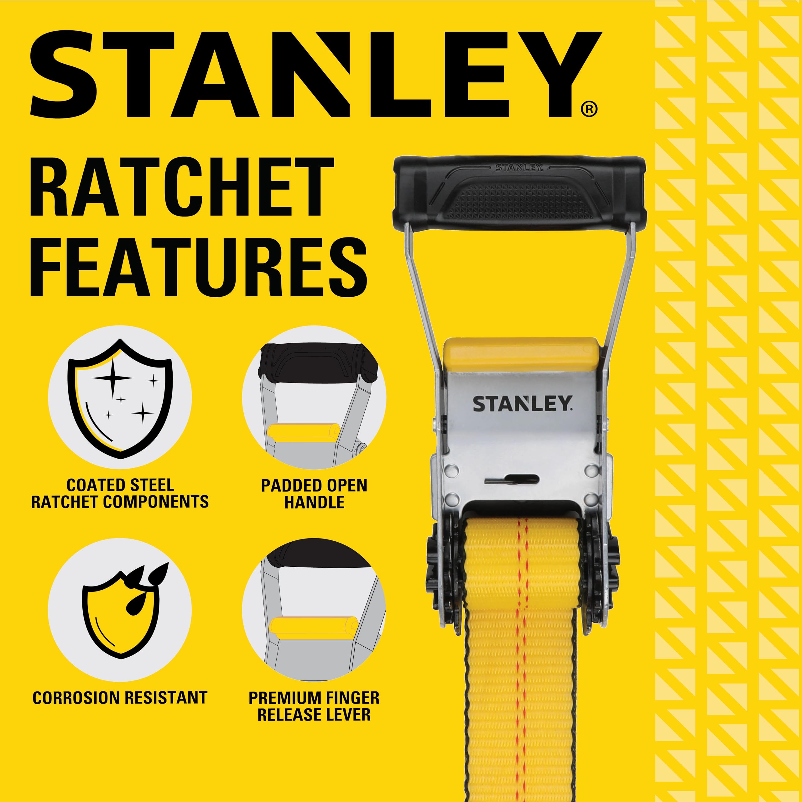 STANLEY S1007 Black/Yellow 1.5" x 16' Ratchet Tie Down Straps - 1,100 lb Safe Working Load / 3,300 lb Break Strength, 2 Pack