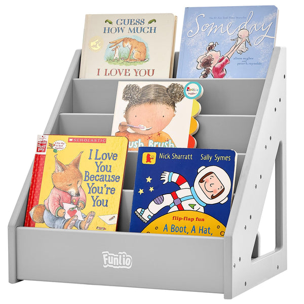 FUNLIO Montessori Bookshelf for Toddlers 1-5 Years, Front-Facing Kids Bookshelf with Handle & Anti-Tilting Device, Premium Pine Baby Bookshelf,