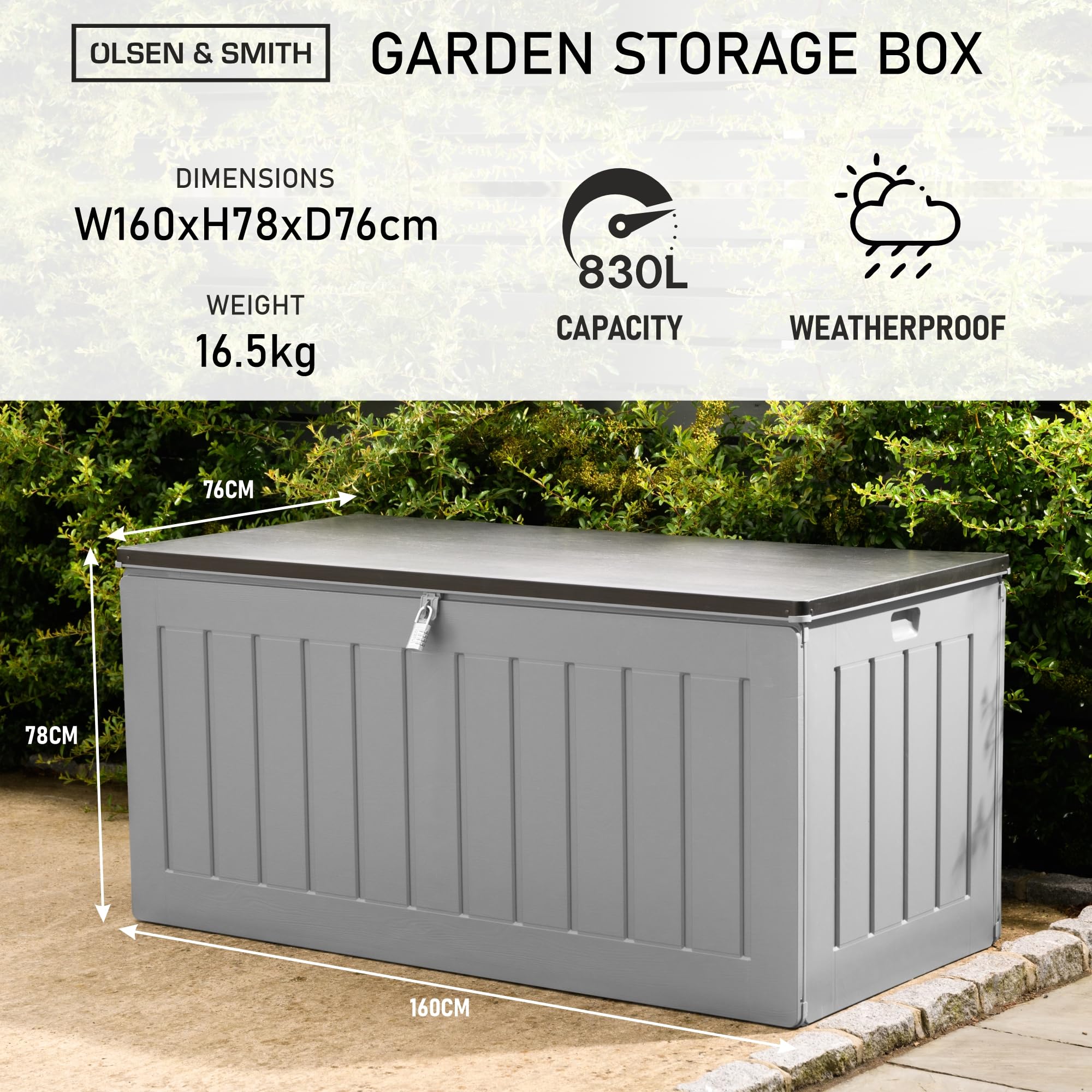 Olsen & Smith 680L Large Garden Storage Box - Weather Resistant Heavy Duty Garden Box with Padlock & Wood Effect - Huge Capacity Outdoor Storage Chest for Tools, Cushions, Toys & More (Anthracite)