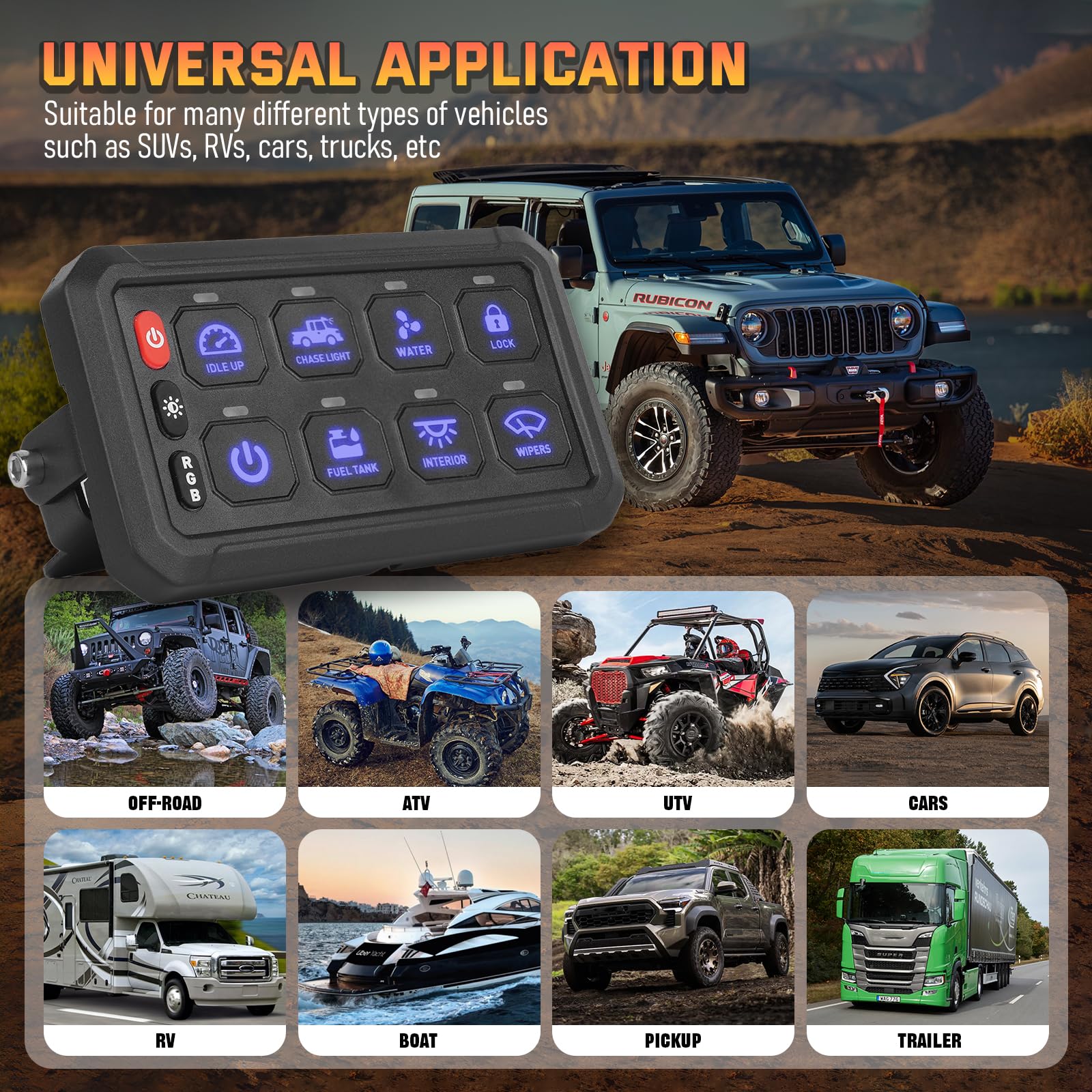 Chelhead RGB 6 Gang Switch Panel with APP Control, Universal Circuit Control Relay System, Multi-Function Bluetooth Remote Switch Panel, Compatible with Truck Boat SUV RV Trailer Marine ATV UTV