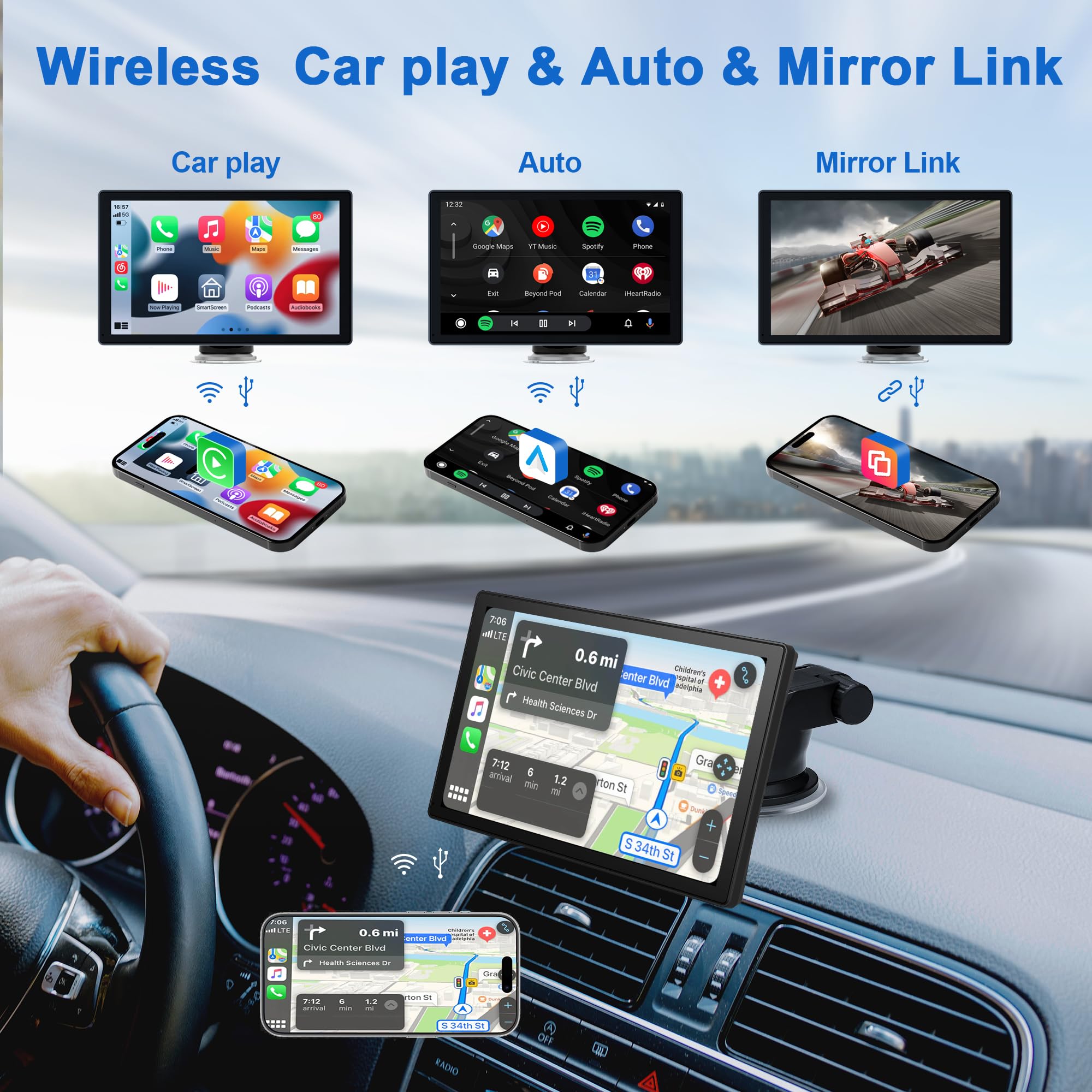 Car Stereo,9 Inch CarPlay Screen for Apple Car play & Android Auto,Portable Car Player Wireless Car Play Screen with Voice Control, Suitable for Most Vehicles (9 Inch +Camera)