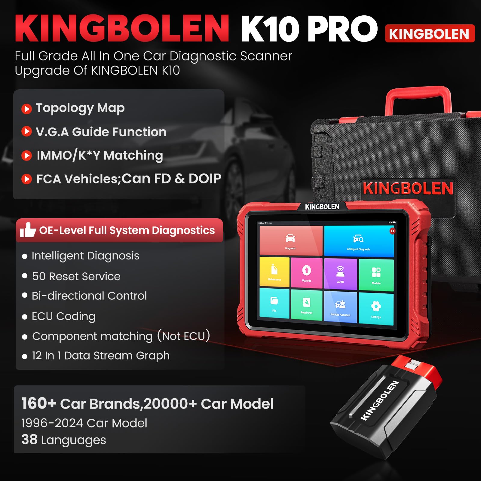 KINGBOLEN K10 PRO Car Diagnostic Tool,OE-Level Full System Bidirectional Scan Tool with ECU Coding,Topology Mapping,50+ Resets,V.A.G Guide,FCA,Can FD And DOIP,2 Years Update.
