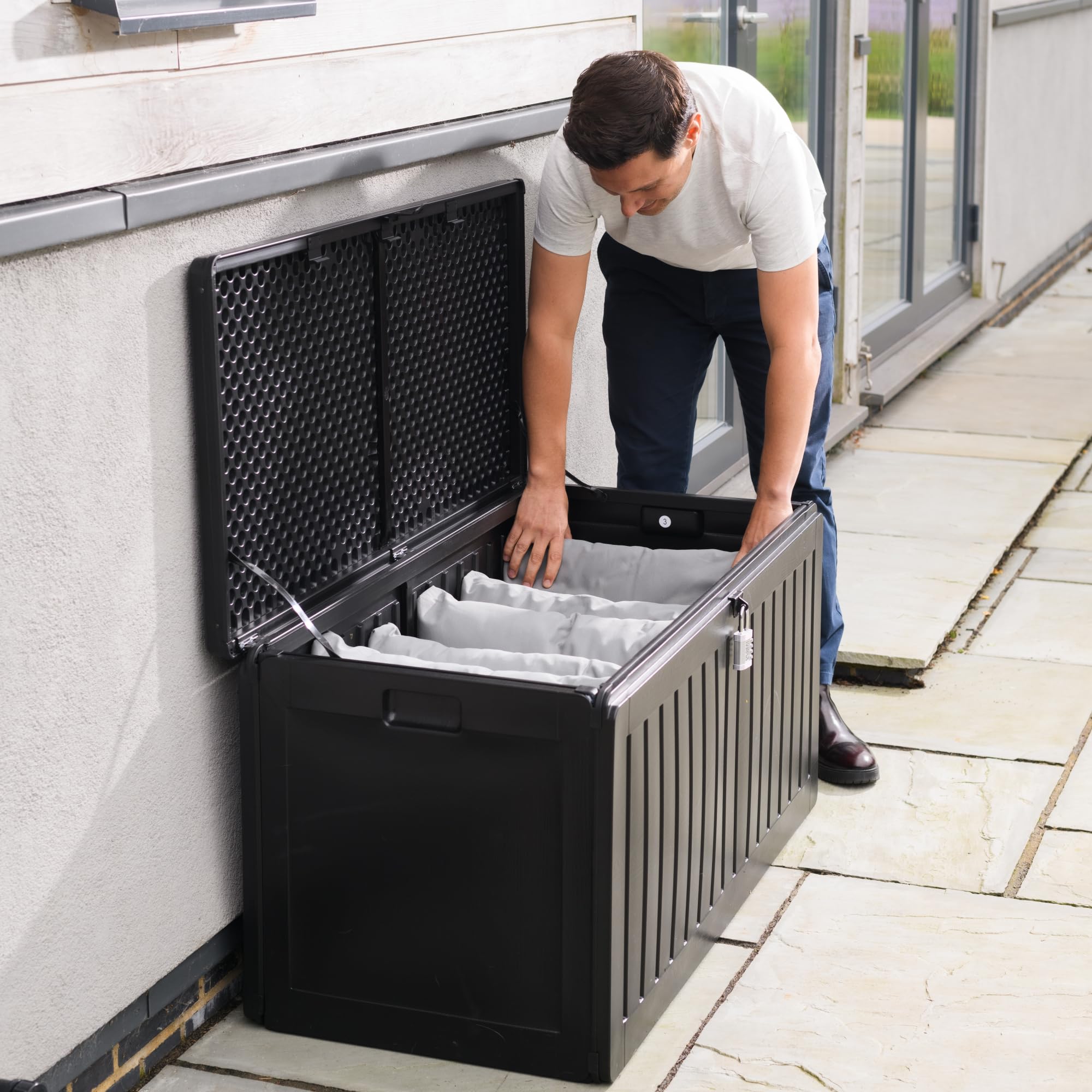 Olsen & Smith 680L Large Garden Storage Box - Weather Resistant Heavy Duty Garden Box with Padlock & Wood Effect - Huge Capacity Outdoor Storage Chest for Tools, Cushions, Toys & More (Anthracite)