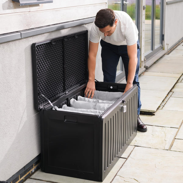 Olsen & Smith 680L Large Garden Storage Box - Weather Resistant Heavy Duty Garden Box with Padlock & Wood Effect - Huge Capacity Outdoor Storage Chest for Tools, Cushions, Toys & More (Anthracite)