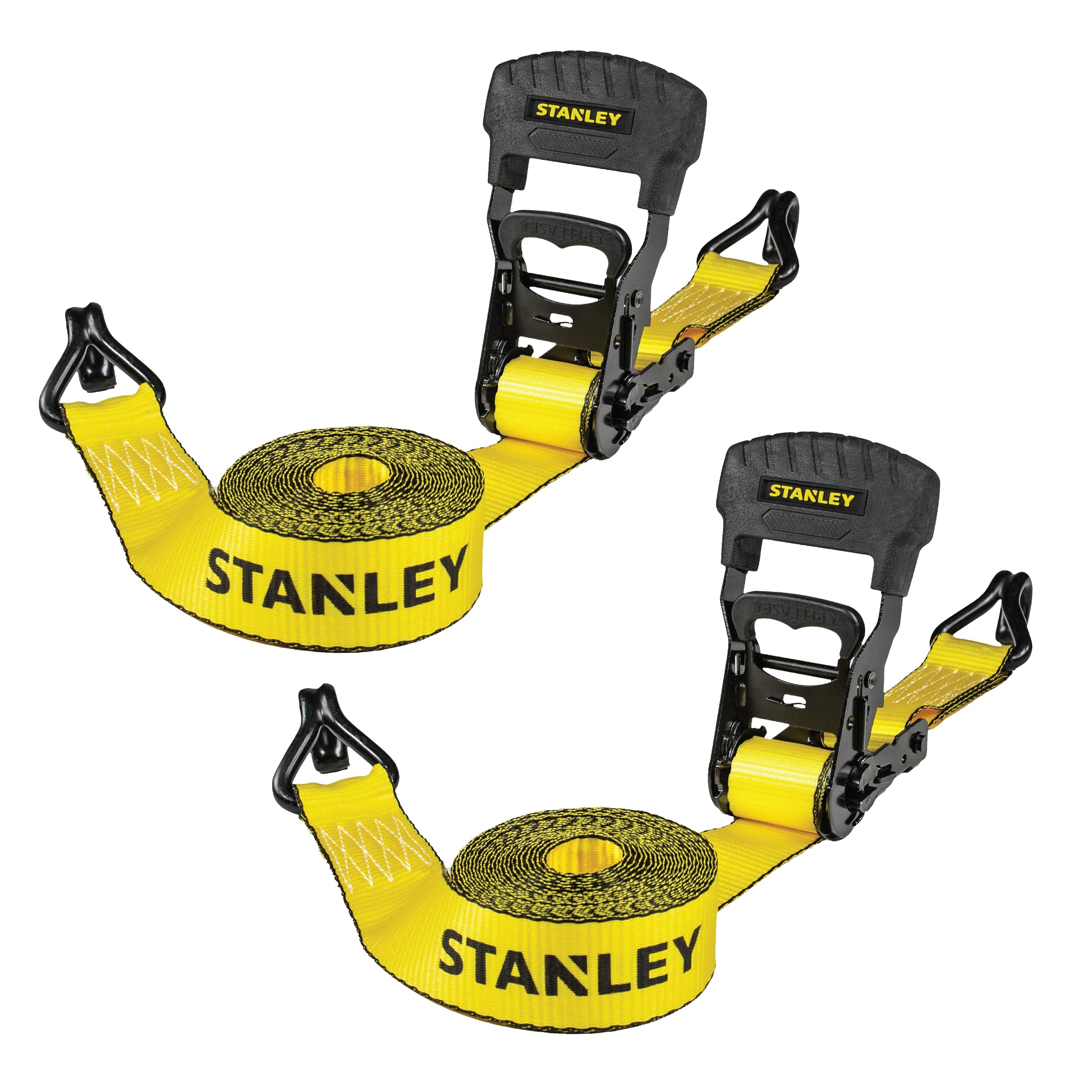 STANLEY S1007 Black/Yellow 1.5" x 16' Ratchet Tie Down Straps - 1,100 lb Safe Working Load / 3,300 lb Break Strength, 2 Pack