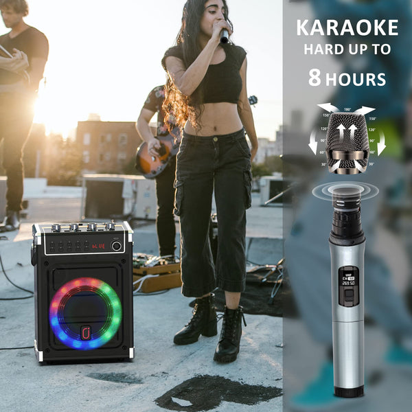 JYX Karaoke Machine with 2 UHF Wireless Microphones, Bass/Treble Bluetooth Speaker with LED Light, Support TWS, AUX In, FM, REC, Supply for Party/Adults/Kids