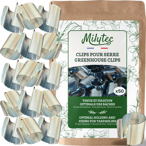 Pack of 50 Greenhouse Clips, Diameter 25 mm, Galvanised Steel, Metal Fixing Clips for Greenhouse Tarpaulin Tunnel for Garden, Seeding and Planting