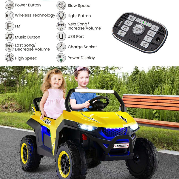 Kids Electric UTV, 2-Seater 12V Battery Powered Toy Car with Remote Control, Lights, Bluetooth, MP3, USB, FM, High/Low Speed & Suspension Spring, Children Ride on Car for 3-8 Years Old (Yellow)