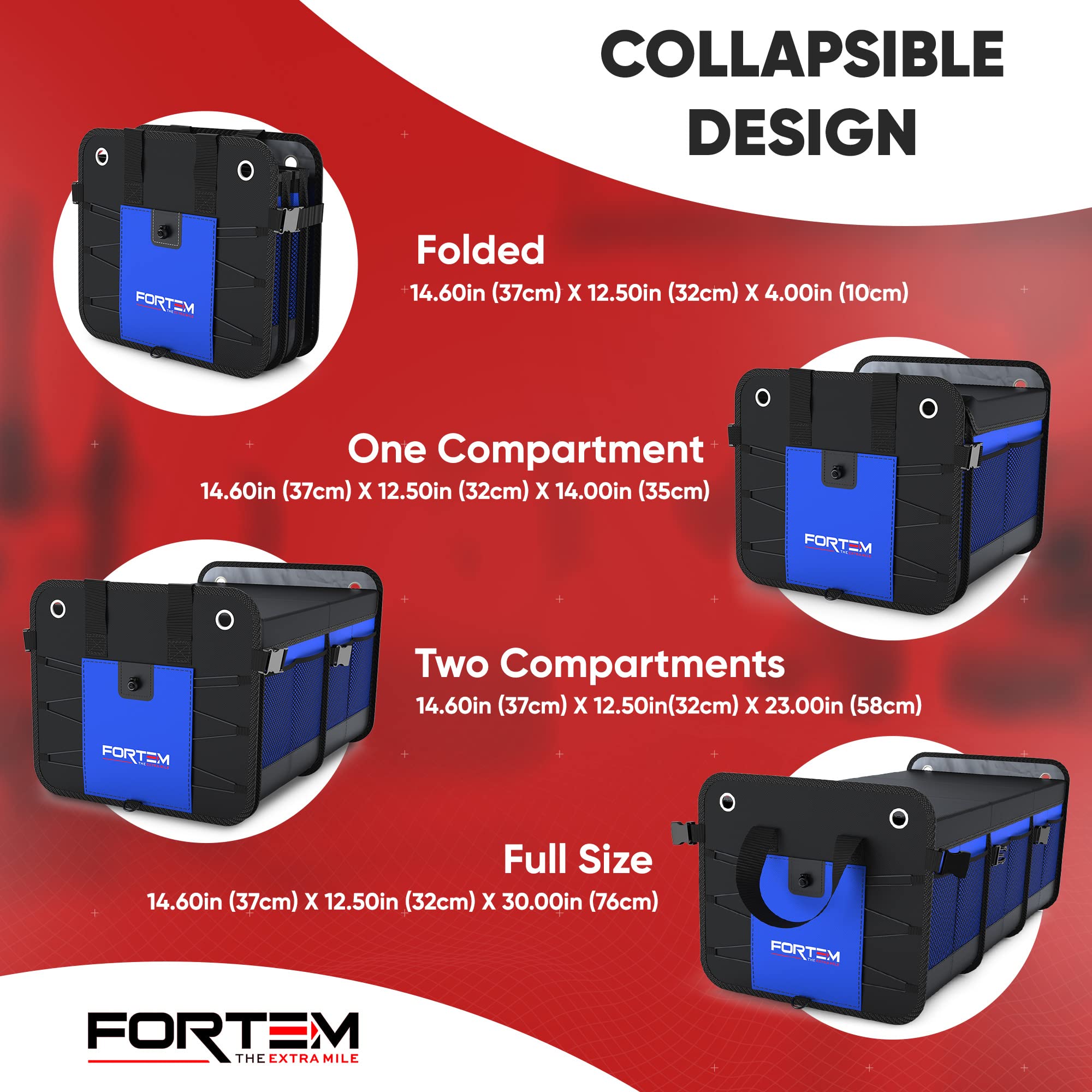 FORTEM Car Boot Organiser, SUV Boot Tidy, Trunk Storage, Collapsible Multi Compartment Car Organiser, Non Slip Bottom, Adjustable Securing Straps, Foldable Cover (65L)