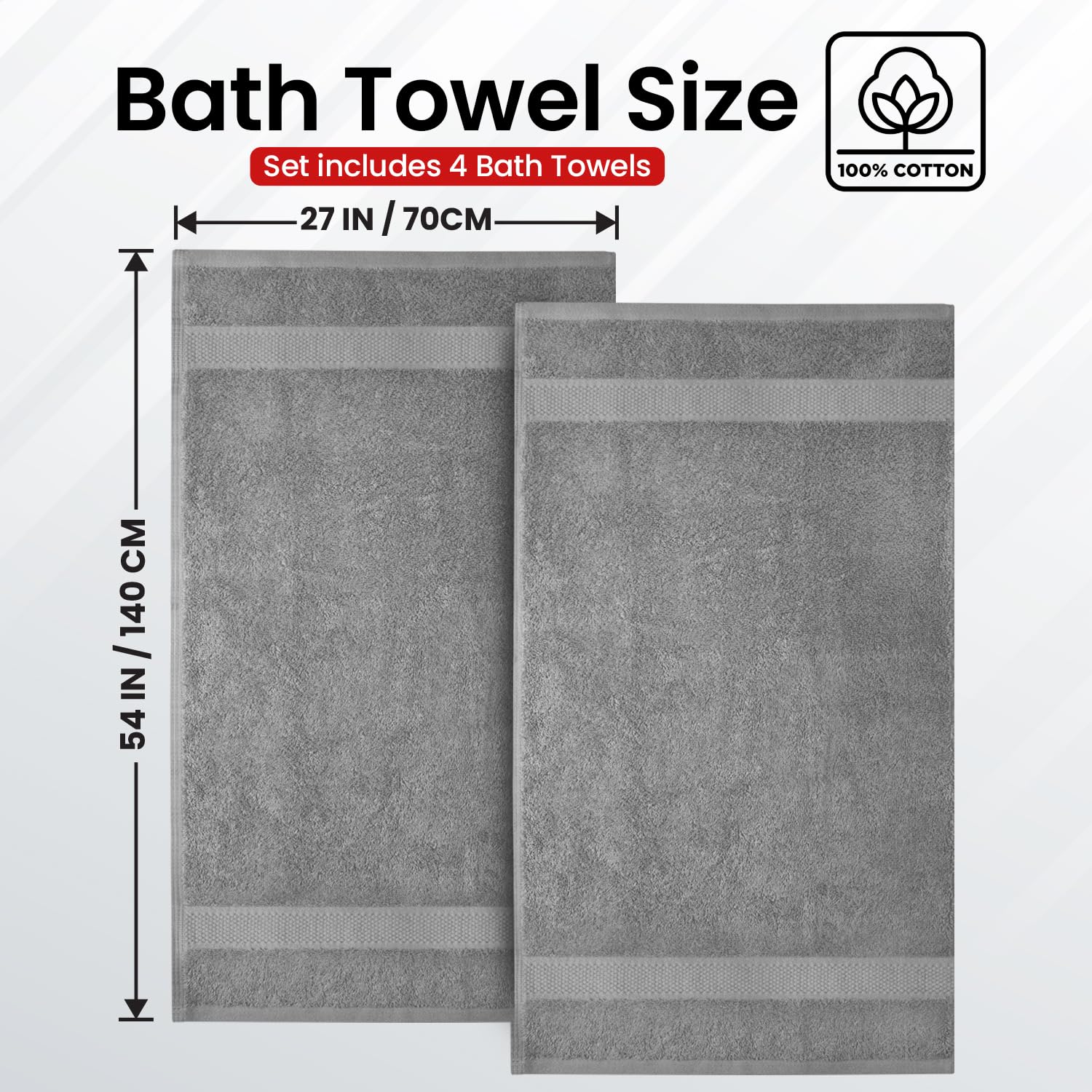 Infinitee Xclusives Bath Towels Set of 4 (70x140 cm) - 100% Cotton, Super Absorbent, Quick-Dry Towels for Bathroom, Spa, Gym & Hotel |Charming Grey|