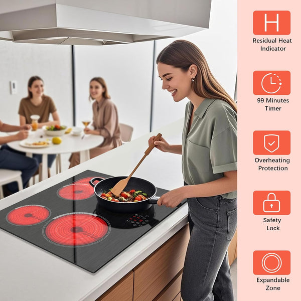 Cooksir Electric Hob 60cm, Ceramic Hob 4 Ring 6700W, Electric Hob 4 Zone with Expandable Dual and Oval Zone, Built-in Hob with Frame, Timer, Safety Lock, 220-240V(No Plug)