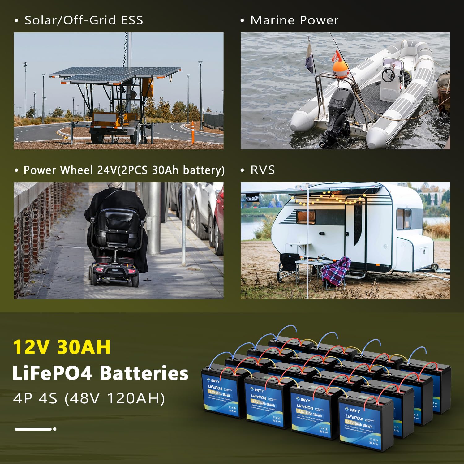 LiFePO4 Lithium Battery 12V 30Ah, Built-in 30A BMS & LCD Voltmeter, 5000+ Cycles, Lightweight Rechargeable Leisure Lithium Iron Phosphate Battery for RVs, Camping Gear, Trolling Motor, Solar