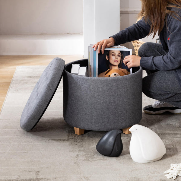 HNNHOME 45cm Round Linen Padded Seat Ottoman Storage Stool Box, Footstool Pouffes Chair with Lids (Lava)