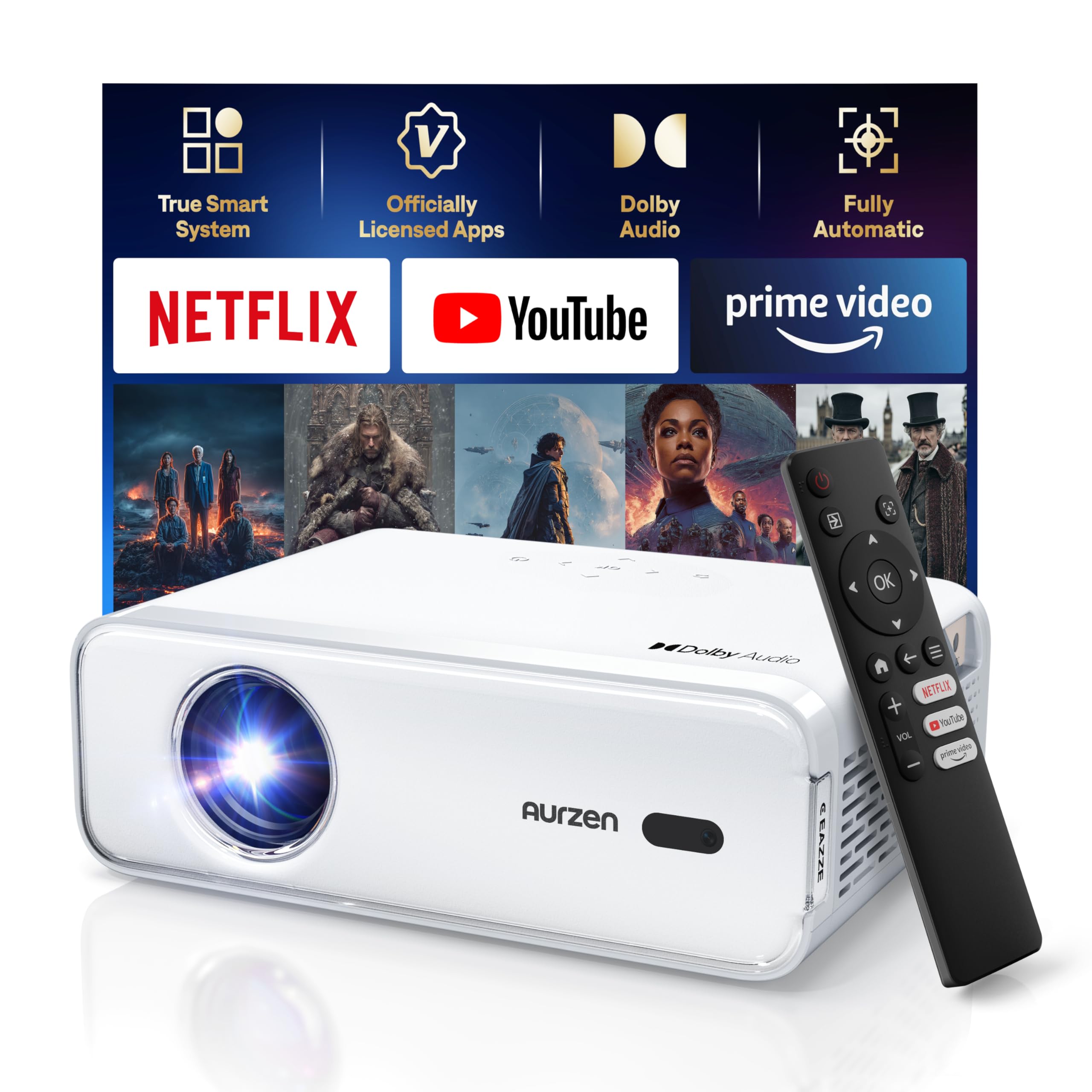 [NetfIix Officially & DoIby Audio] Aurzen Eazze D1 4K Supported Smart Projector with Auto Focus & Auto Keystone, 50% Zoom, HDR 10, 60Hz Portable Projector for iOS/Android/USB/TV Stick,White