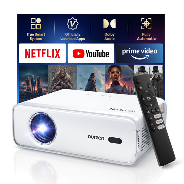 [NetfIix Officially & DoIby Audio] Aurzen Eazze D1 4K Supported Smart Projector with Auto Focus & Auto Keystone, 50% Zoom, HDR 10, 60Hz Portable Projector for iOS/Android/USB/TV Stick,White
