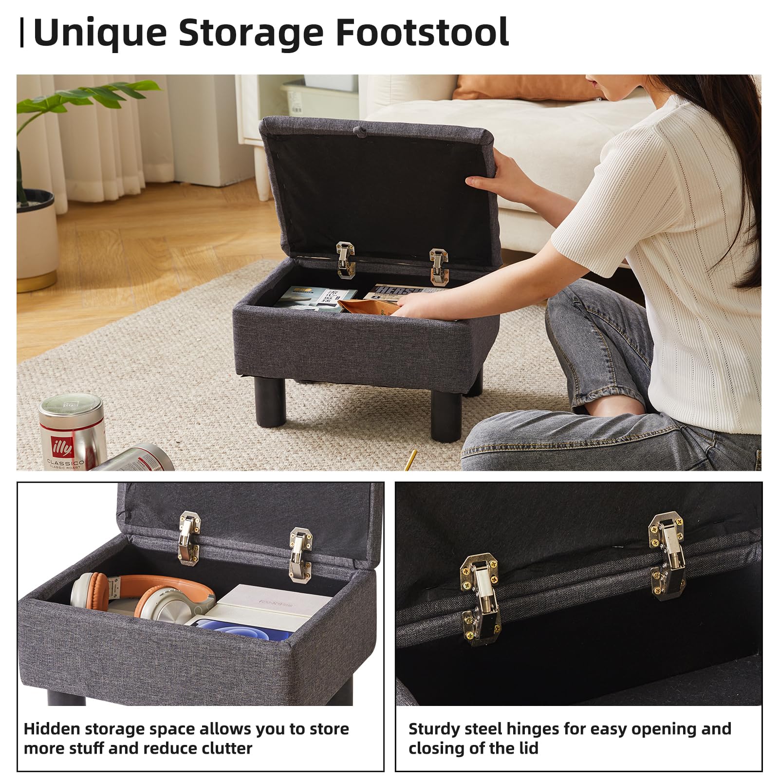 Aibiju Small Pouffe Footstool with Storage, Linen Fabric Pouf with Wodden Legs, Change Shoes Stool for Living Room and Bedroom, Dark Grey, YD-JD1363