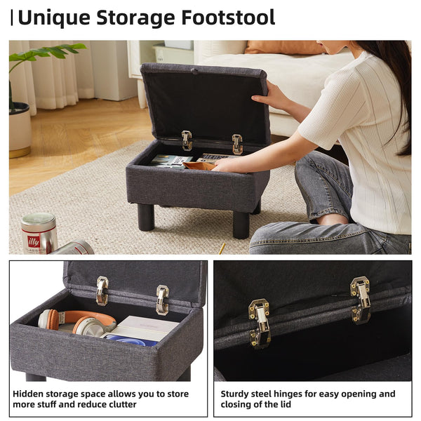 Aibiju Small Pouffe Footstool with Storage, Linen Fabric Pouf with Wodden Legs, Change Shoes Stool for Living Room and Bedroom, Dark Grey, YD-JD1363
