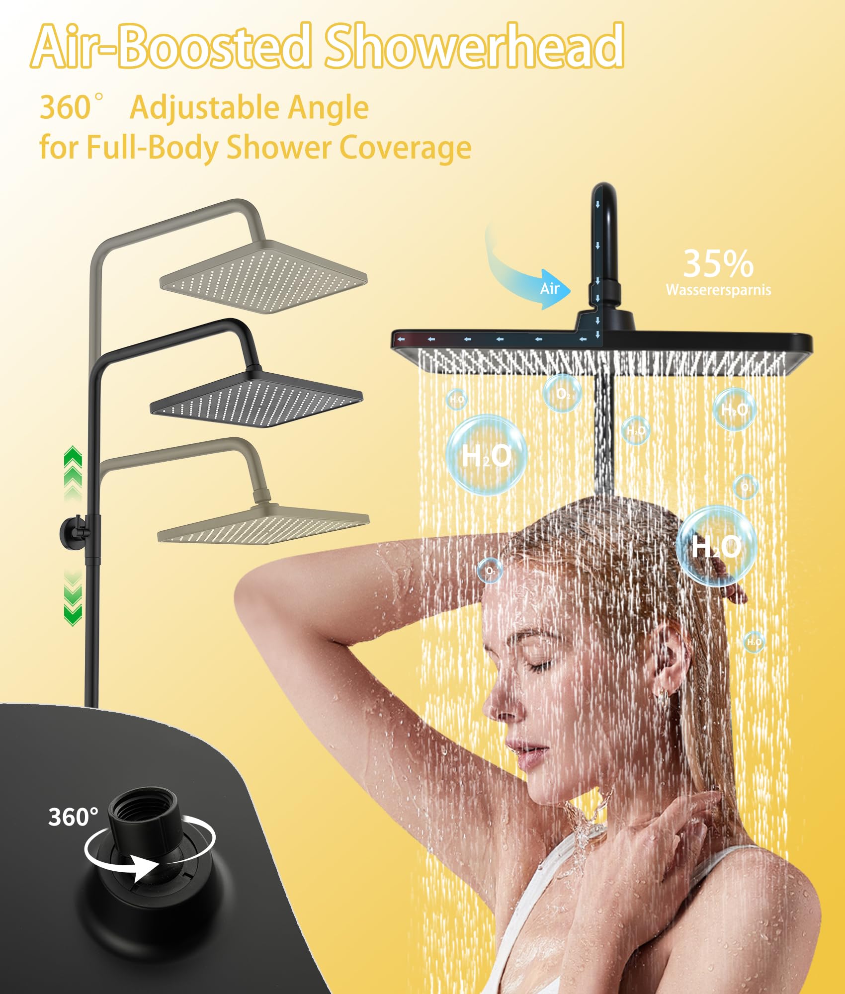 Thermostatic Shower Mixer Set,38°C Thermostatic Shower System with Rainfall Shower Head,3-Mode Handheld Shower,Adjustable Height Stainless Steel Shower Set (Black)