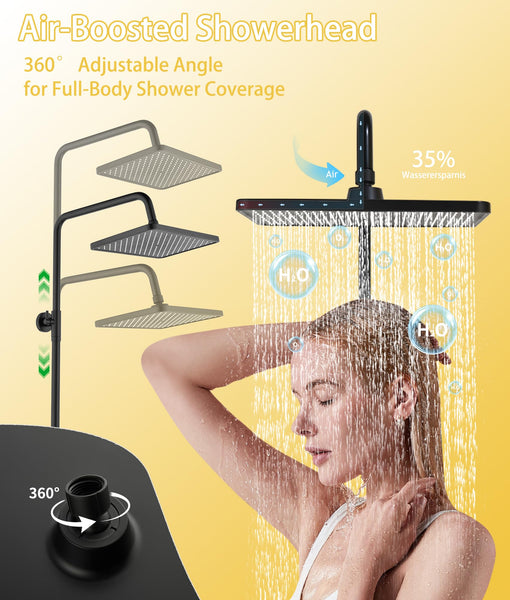 Thermostatic Shower Mixer Set,38°C Thermostatic Shower System with Rainfall Shower Head,3-Mode Handheld Shower,Adjustable Height Stainless Steel Shower Set (Black)