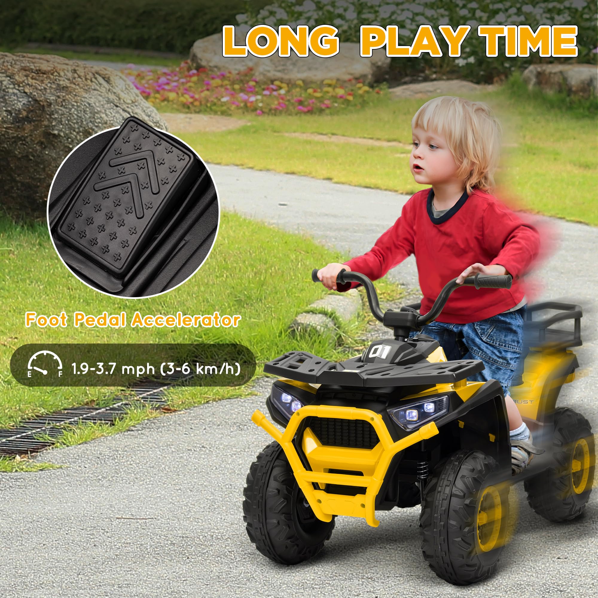 AIYAPLAY 12V Kids Electric Ride on ATV, Battery Powered Quad Bike with 4 Suspension Wheels, Forward Reverse Function, Headlights, Music, Storage Basket, for Ages 3-5 Years, Yellow