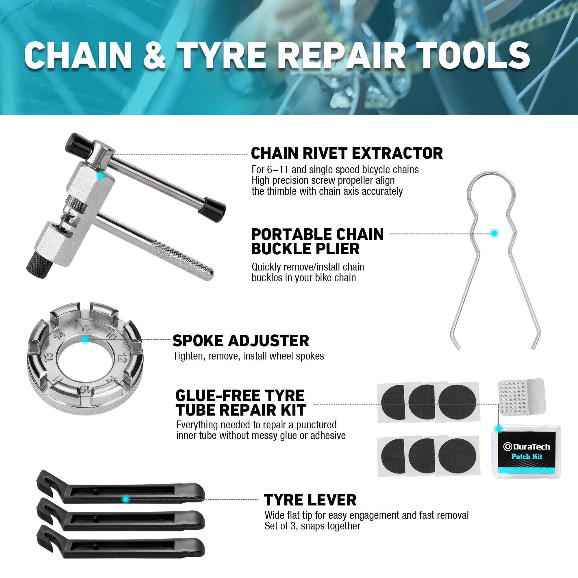 DURATECH 31-Piece Bicycle Repair Set, Bicycle Repair kit with Tool Box, Bike Tool Kit, Home Multi-Purpose Repair Kit, Suitable for Bike Tire Chain